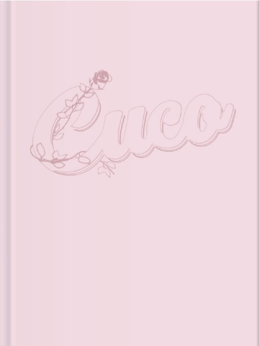 The pink cloth cover of the 32-page storybook, embossed with the Cuco script logo and a rose.