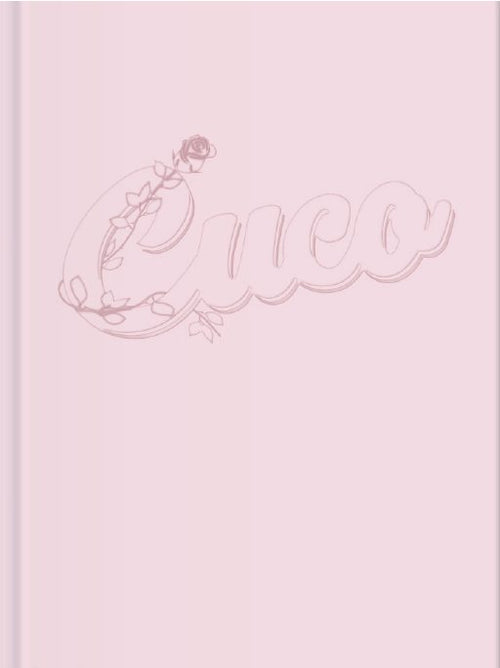 The pink cloth cover of the 32-page storybook, embossed with the Cuco script logo and a rose.