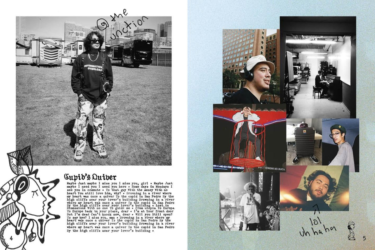Pages 4 and 5 of the storybook: a black-and-white photo with the Cupid's Quiver lyrics, and a collage of candid photos with handwritten notes.